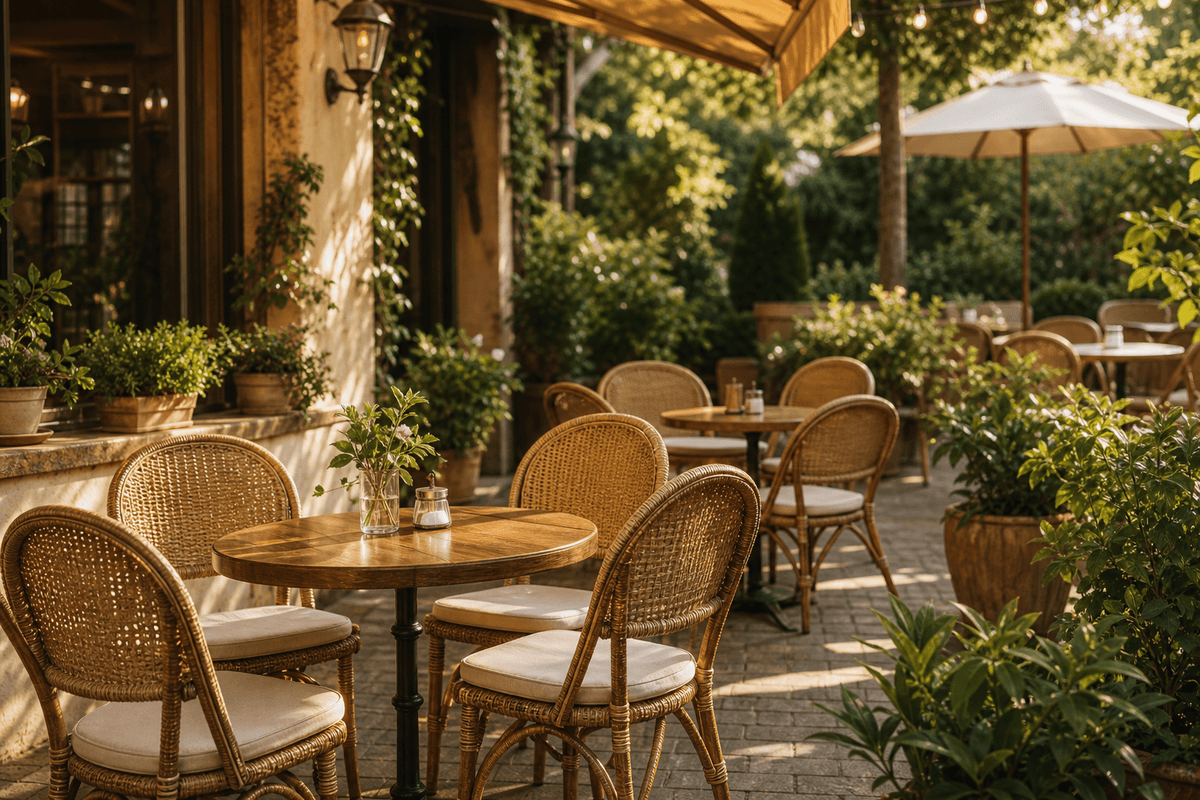 Terraza cálida de cafetería con mesas