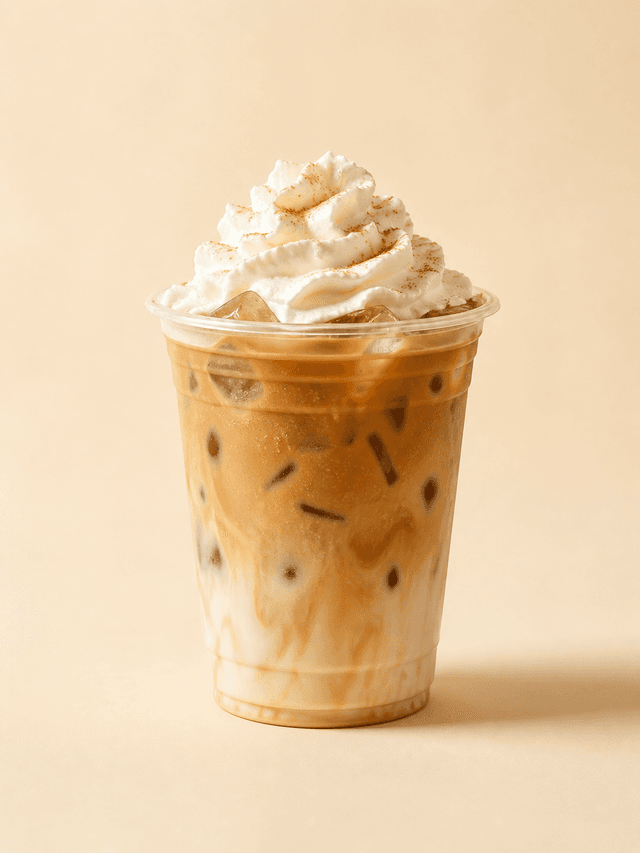 Vaso de iced latte con crema y hielos