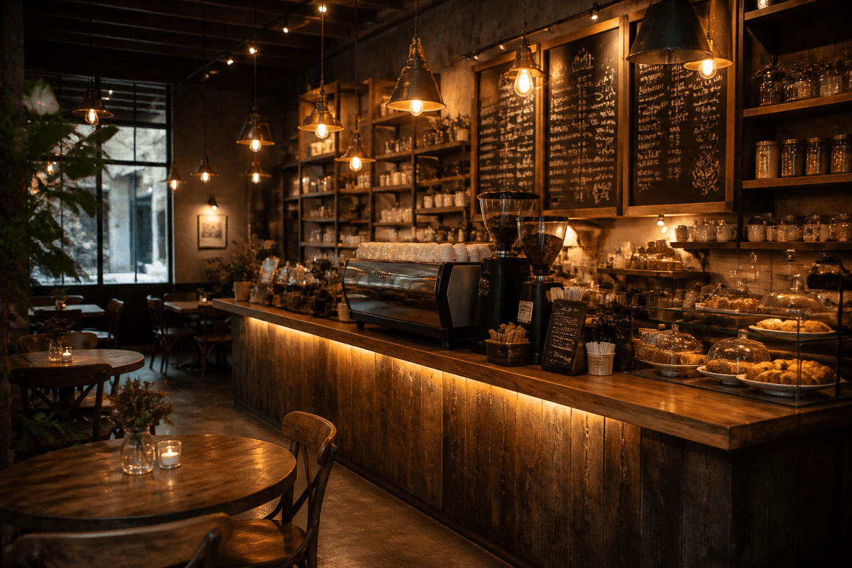 Interior de cafetería con barra de madera