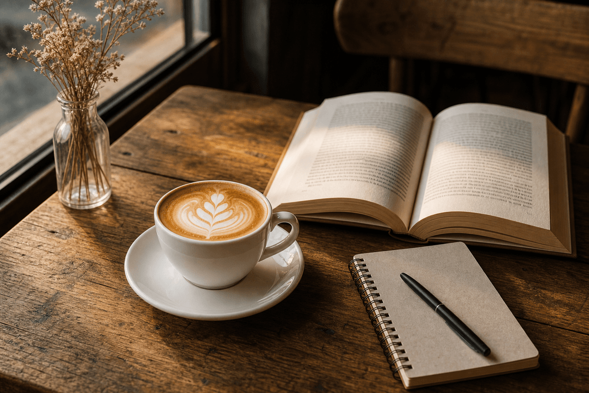 Taza de café junto a libro en mesa