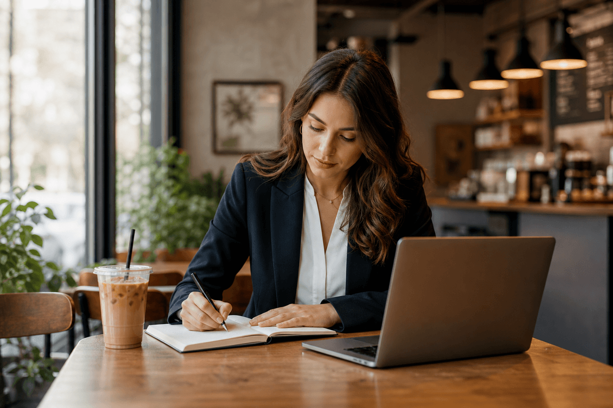 Persona trabajando con latte en cafetería