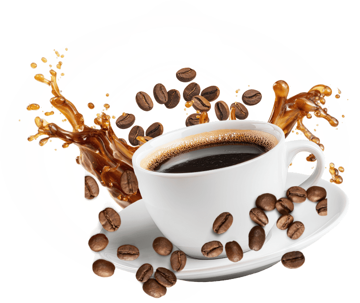 Taza de café con granos y salpicadura